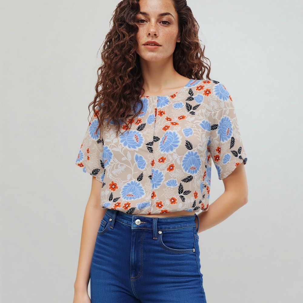 LOFT Floral Print Blouse - Blue, Red, Black, White